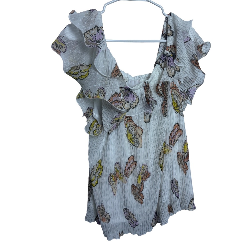 Cato Butterfly Print Flutter Sleeve‎ Ruffle Blouse White Multicolor L